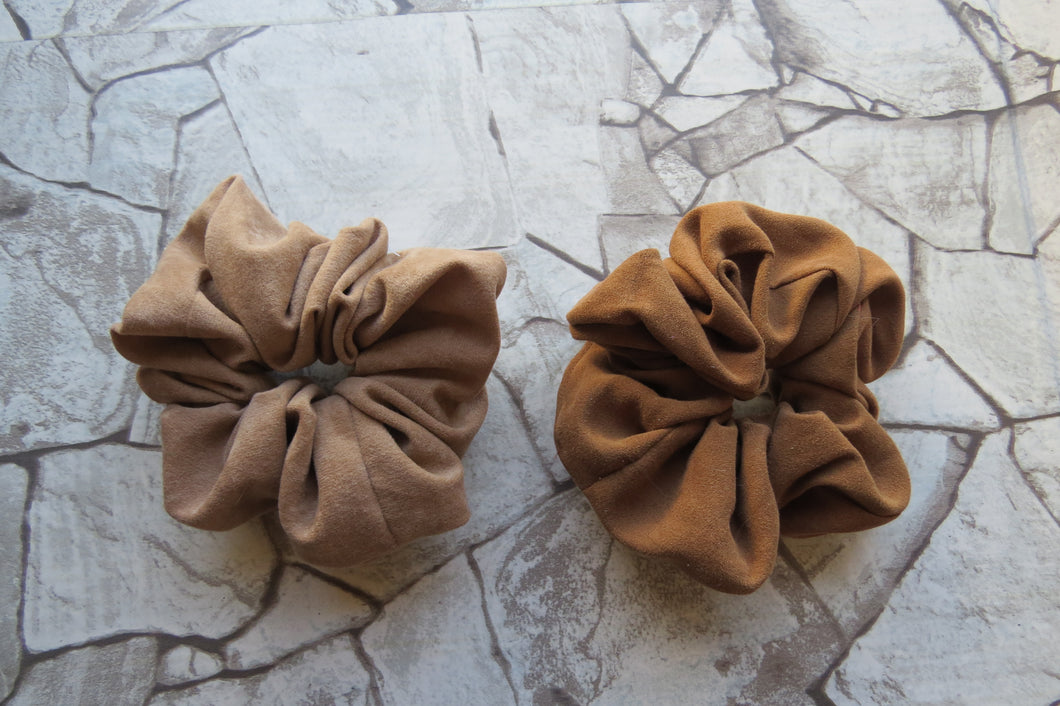 Neutral Tan + Brown Faux Suede Scrunchie